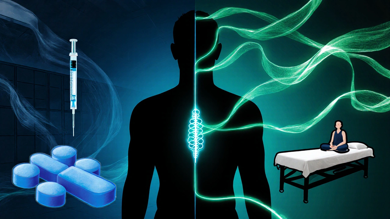 Silhouette muže s klinickými pilulkami vlevo a energetickým toku masáže vpravo.