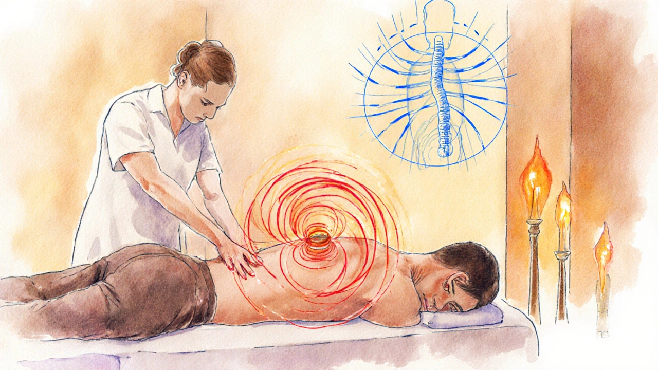 Tantrická masáž s rukama terapeuta na dolní části zad, zářící čakry a teplé svíčky.