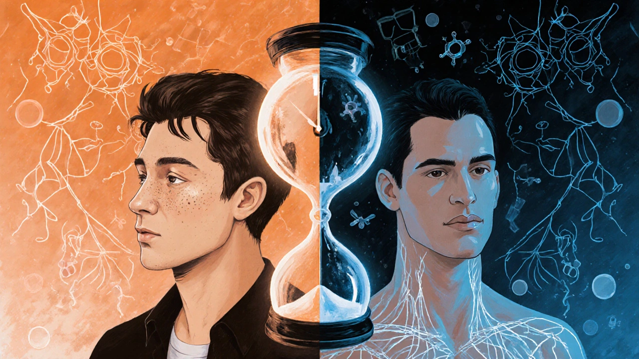 Dva muži symbolizují předčasnou a zpomalenou ejakulaci s časovými symboly a nervovými cestami.