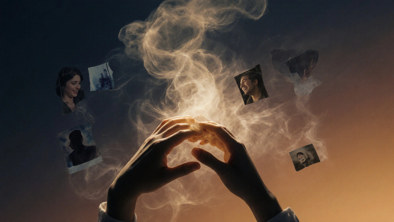 Dvě ruce se dotýkají na hrudi, z jejich kontaktu vyzařuje zlaté světlo, za nimi se rozptylují vzpomínky.