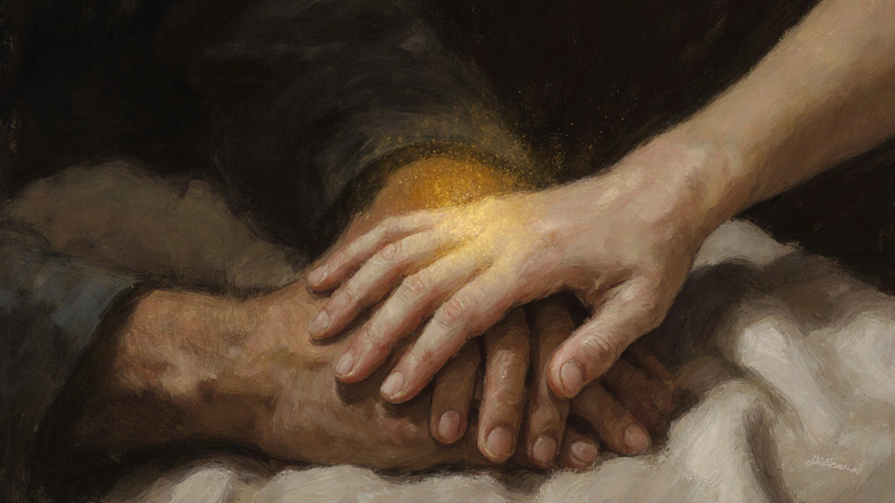 Dvě ruce se dotýkají na pokrývce, jemné zlaté světlo mezi nimi symbolizuje důvěru a spojení.