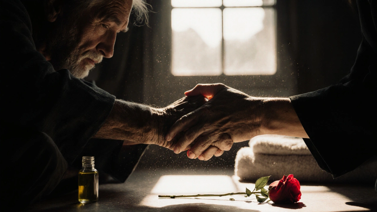 Dvě ruce se jemně drží za ruce po tantrické sezení, slunce osvětluje prach ve vzduchu.