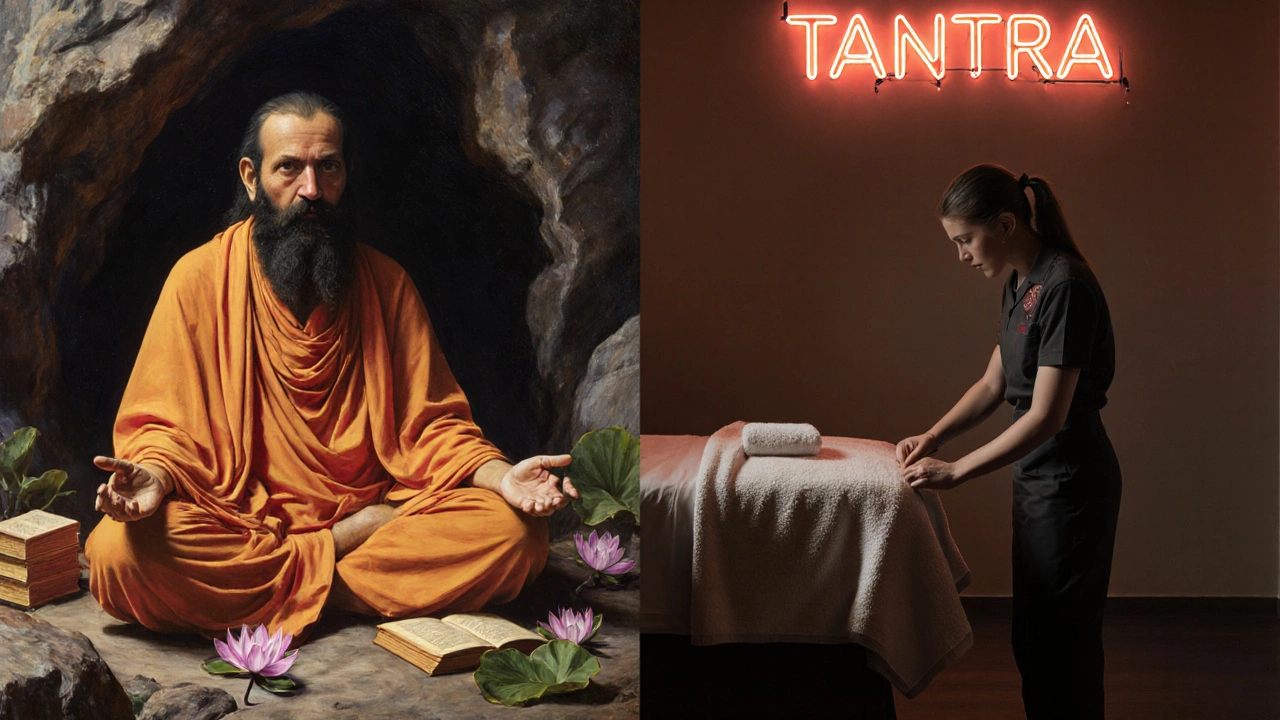 Dvě scény: starověký guru v jeskyni a moderní masér v salonu — kontrast autenticity a podvodu.