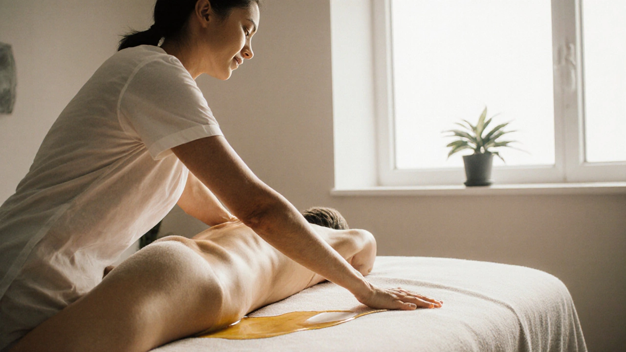 Kalifornská masáž: dlouhé, plynulé pohyby rukou po celém těle, olej leskne kůži při přirozeném světle.