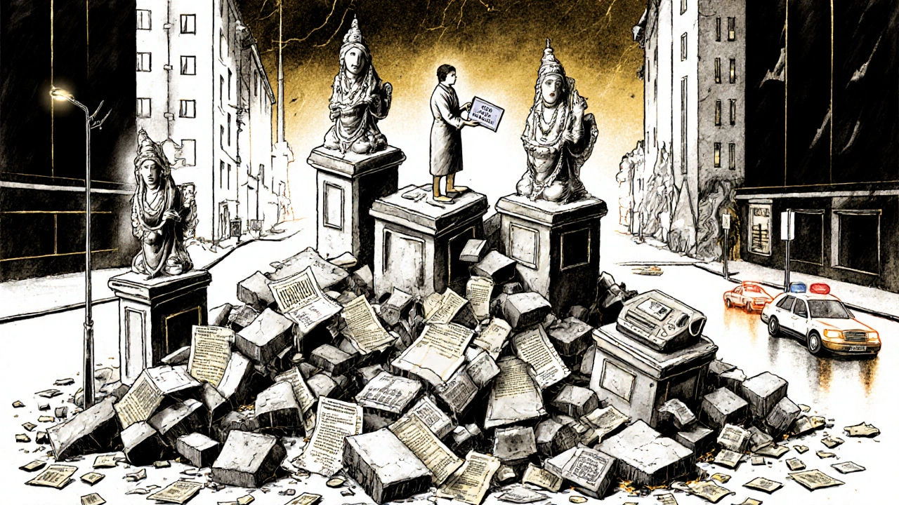 Krádežně padající chrám přeměněný na obchodní centrum, s terapeutem držícím certifikát při policii.