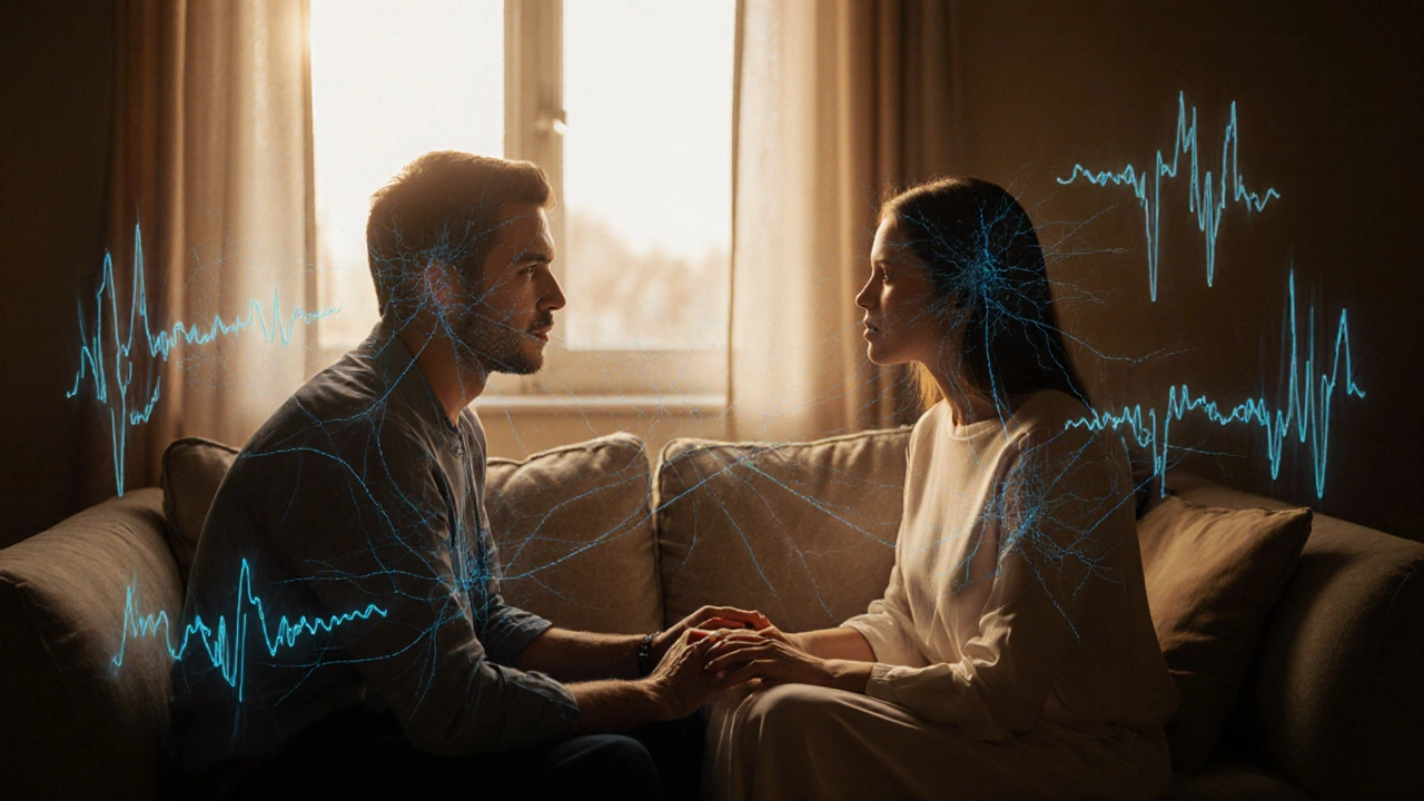 Pár se navzájem dotýká rukou, symbolizující komunikaci a podporu při sexuálních problémech.