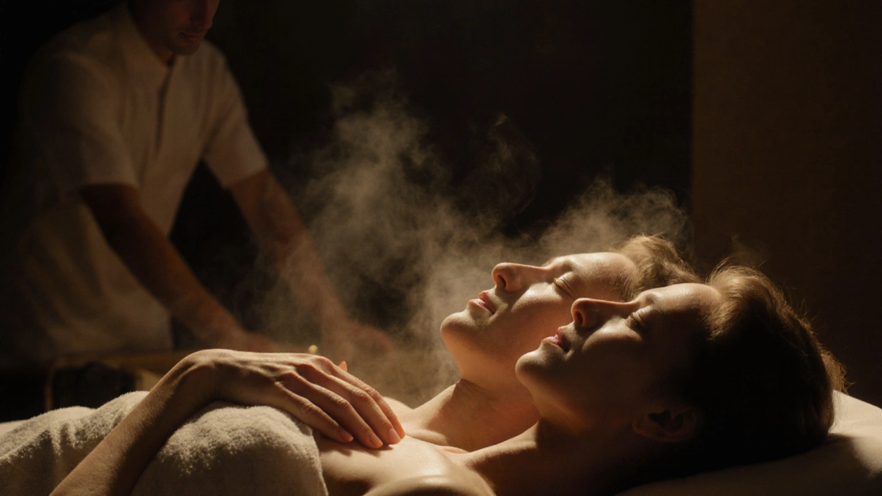 Pár v synchronním dechu, spojený zlatým zářením, symbolizujícím obnovu blízkosti.