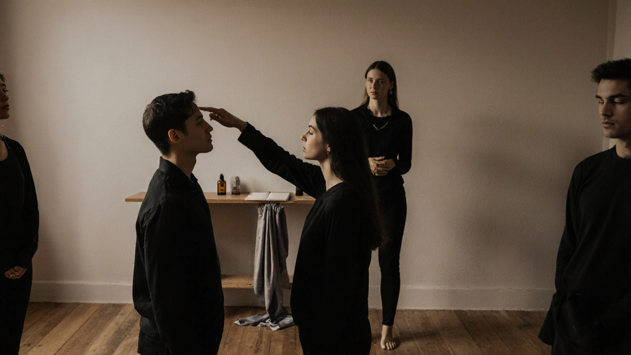 Páry se účastní tantrického cvičení v tichém prostoru, jeden sleduje druhého pohledem, lektor pozoruje.