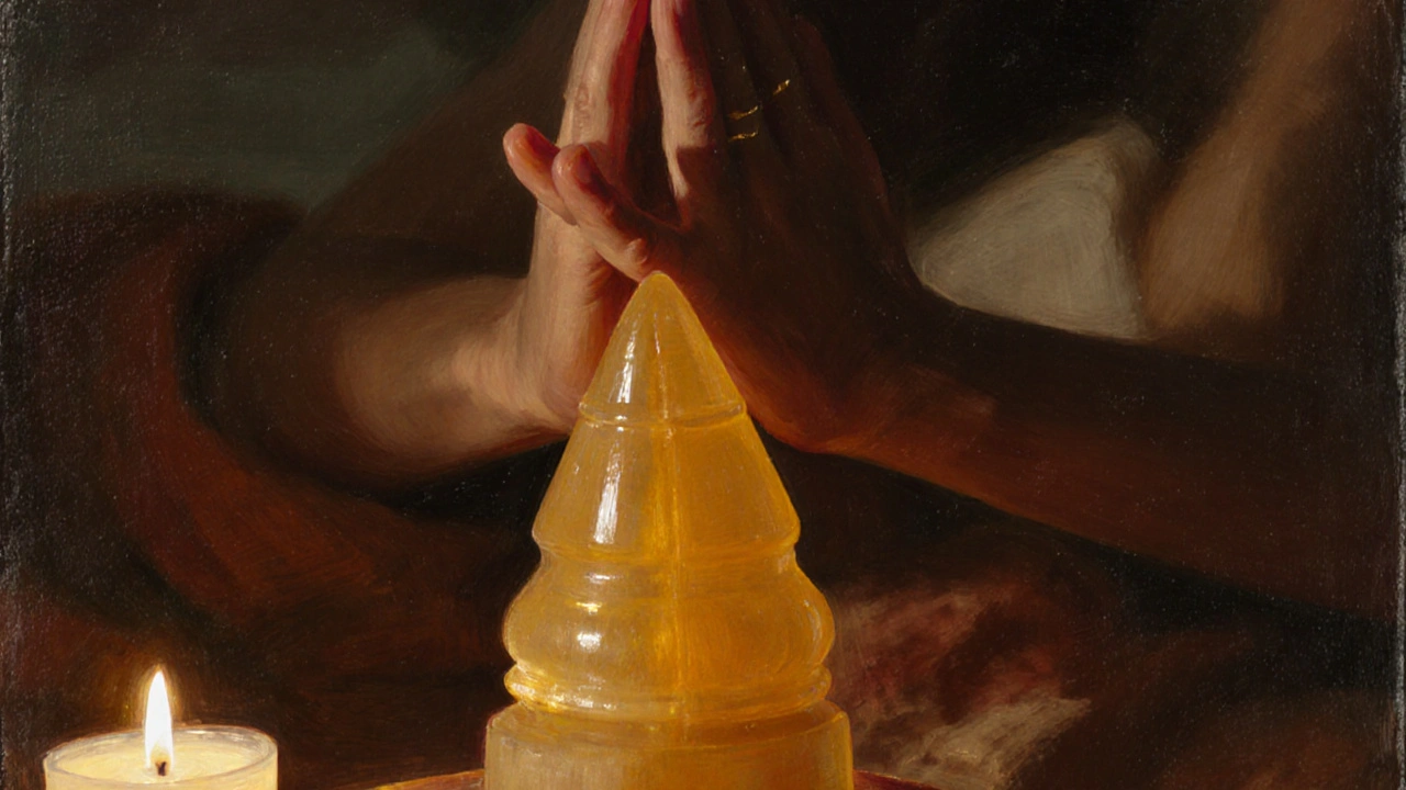 Příruční pohled na ruce držící lingam v modlitbě, jemně osvětlené olejem a teplým světlem.