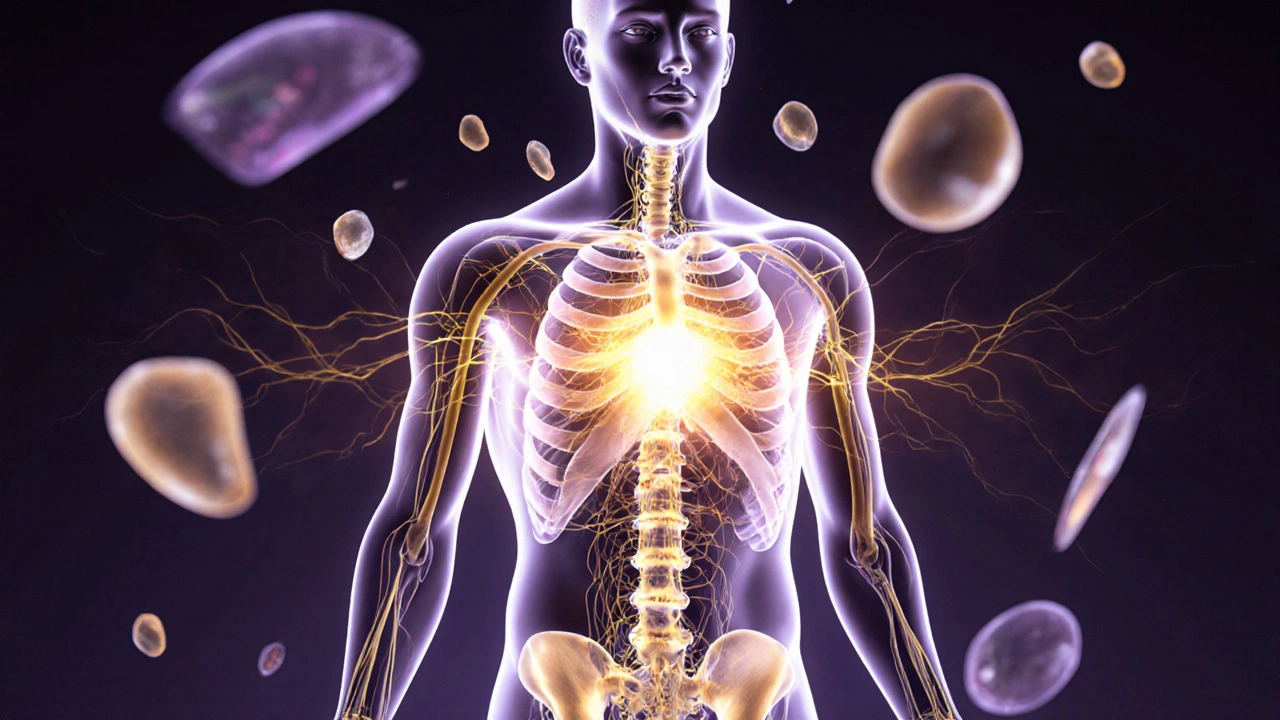 Průhledný lidský obraz s zlatými vlnami energie proudícími z pánve až po hlavu.