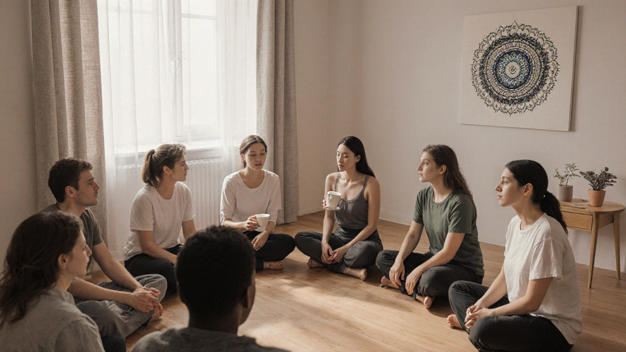 Skupina lidí sedí v kruhu a mluví o svých emocích před tantrickou masáží.