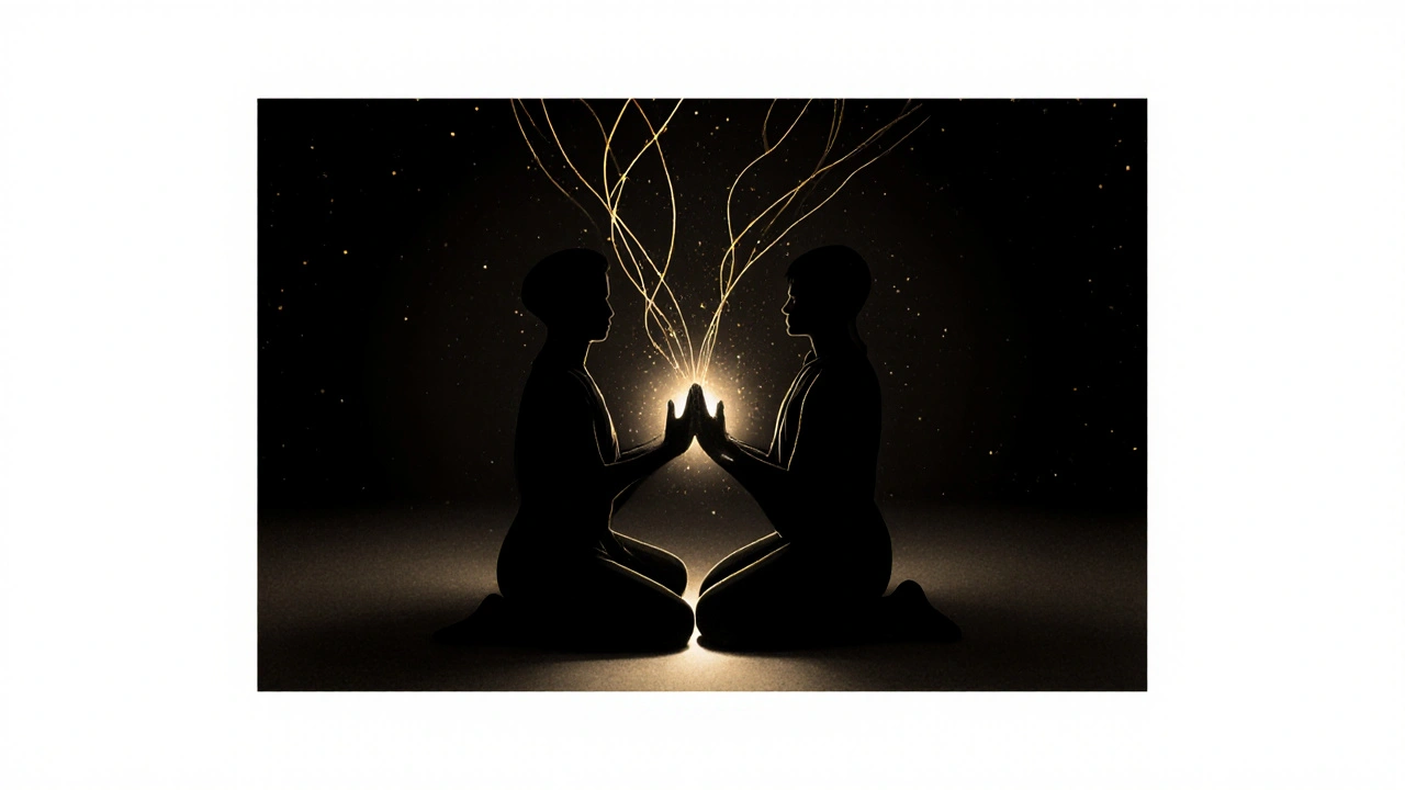 Symbolická scéna s dvojicí ve tvaru siluét, jejich spojené ruce vyzářené jemným zlatým zářením.