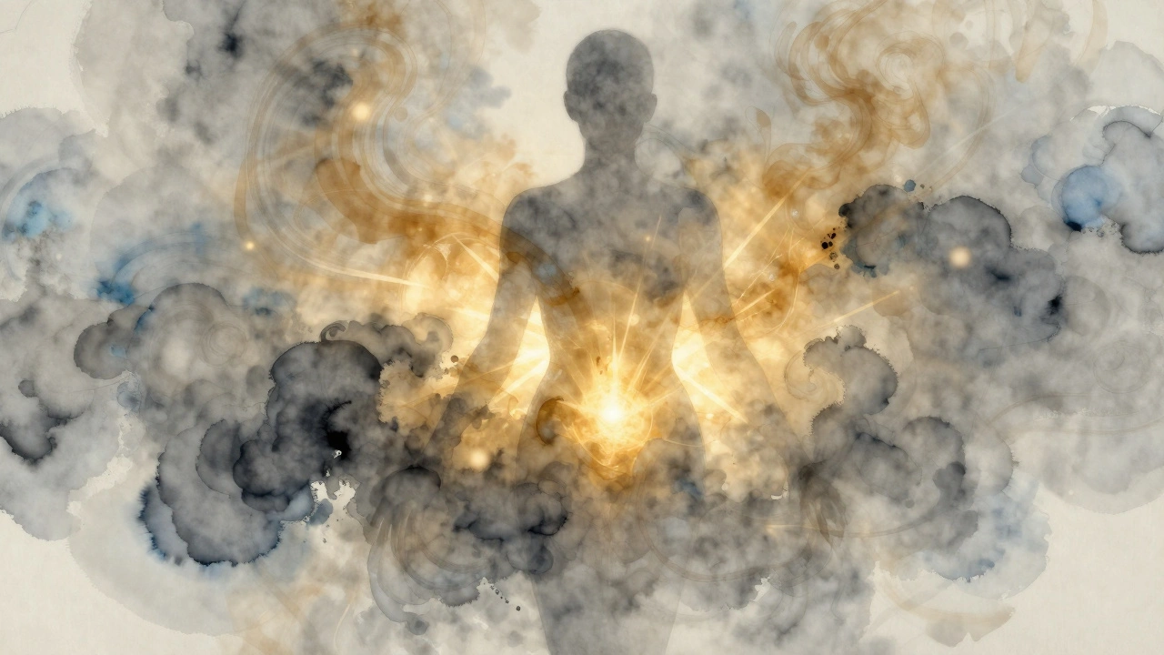 Abstraktní znázornění uvolnění energie v oblasti panvy a kýčového svalu.