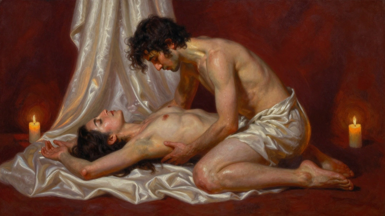 Dva partneři se pomalu spojují v tantrické pozici, osvětlení svíčkami, bez slov, jen přítomnost.