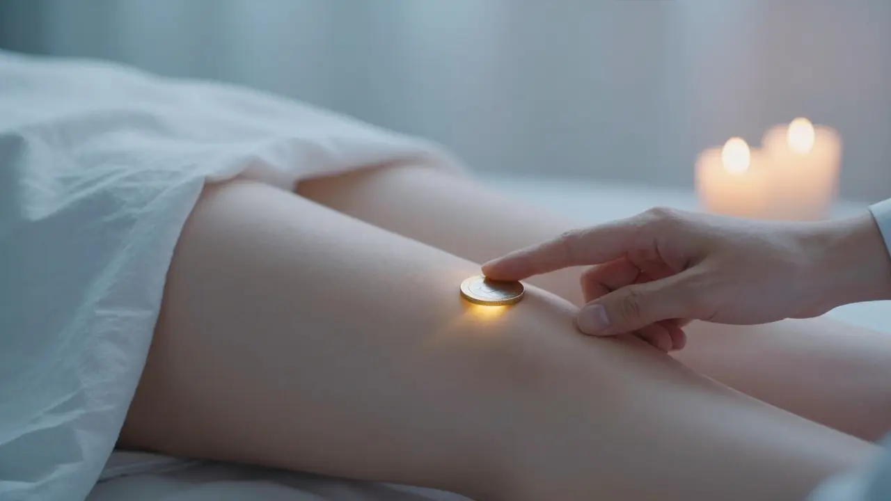 Jemné hladění na vnitřní straně stehna, prsty téměř nedotýkají kůže.