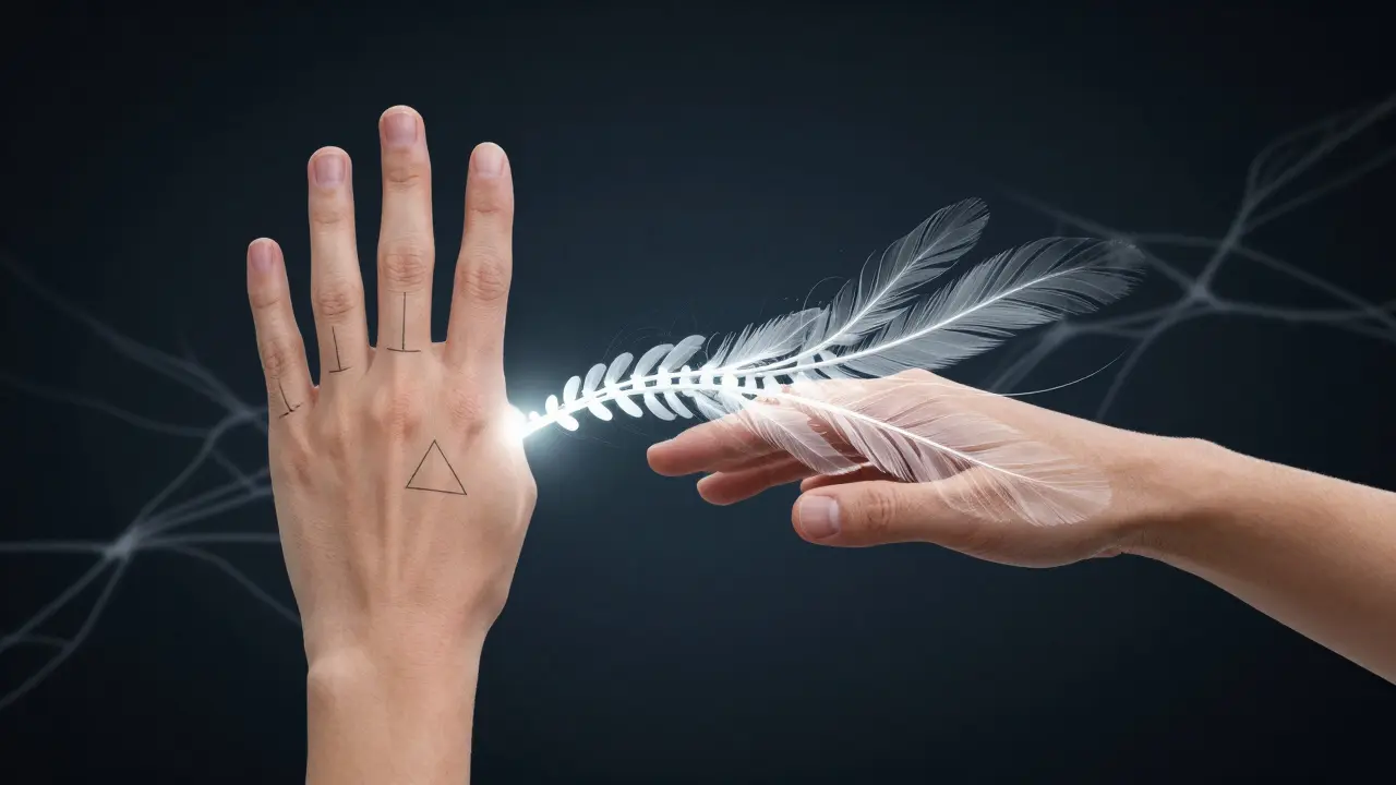 Konceptuální znázornění dvou technik masáže: tlak a jemné hladění spojené světlem.