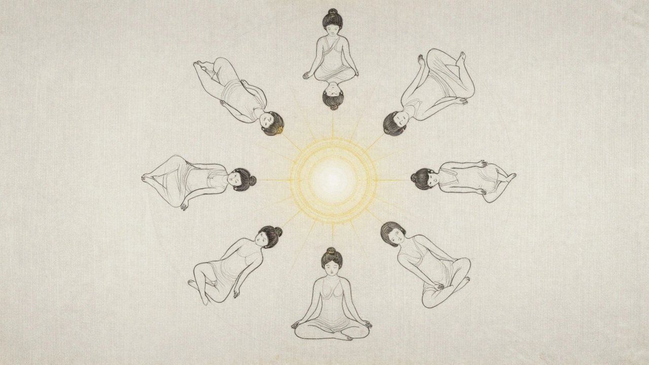 Mandala devíti tantrických pozic v elegantních čárách, středem zářící světlo.