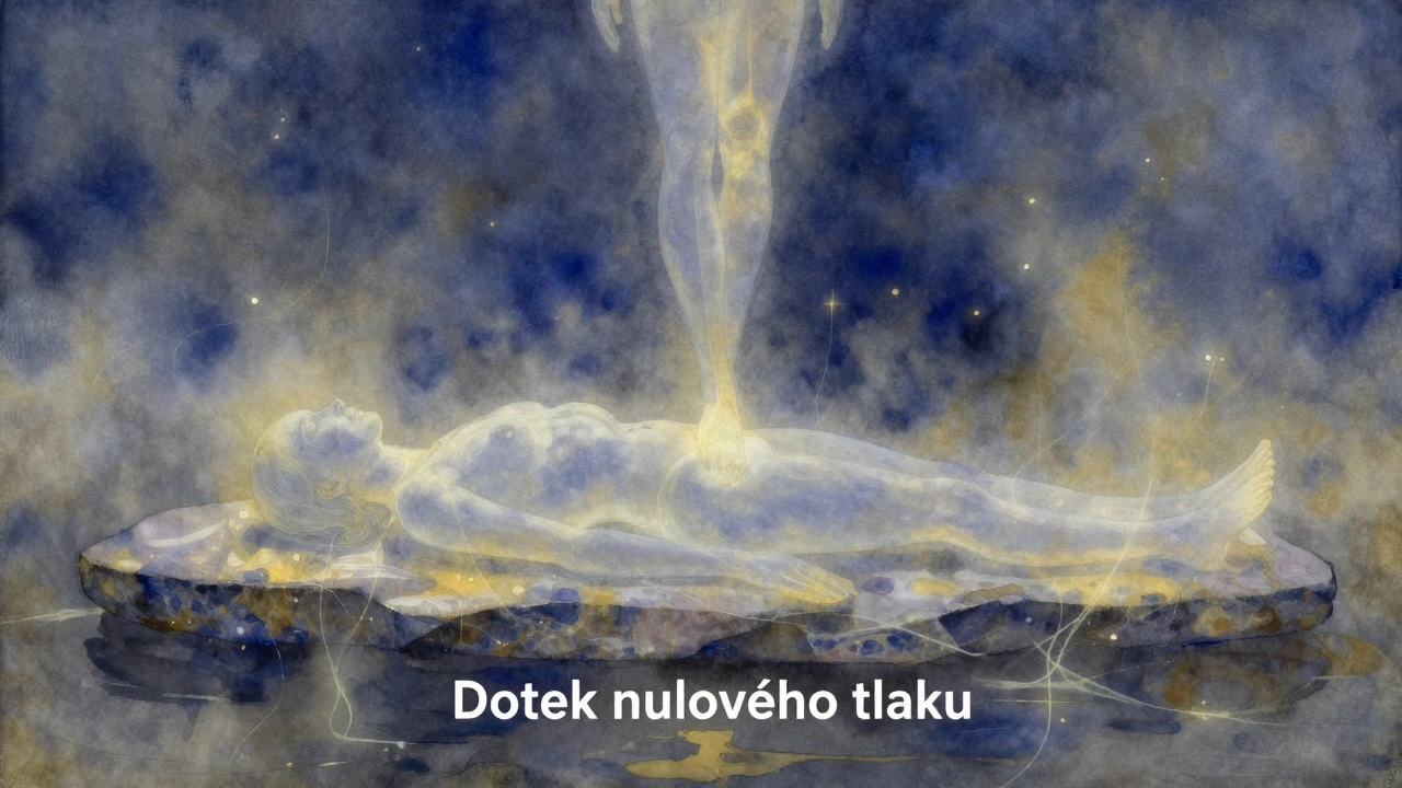 Transparení postava je obklopena jemnými světelnými částicemi, žádný dotek, jen klid a transformace.