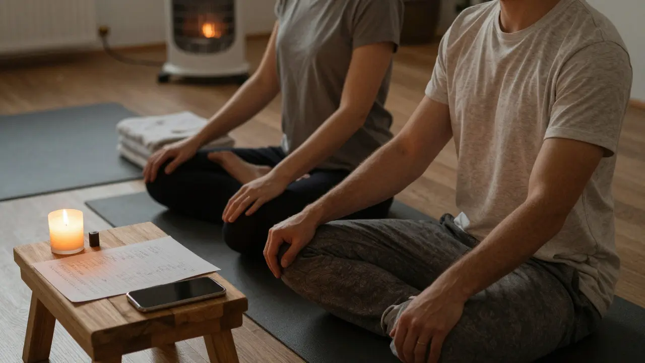 Dva lidé sedí v tichém meditativním pózu, oči zavřené, v klidném, bezpečném prostředí.