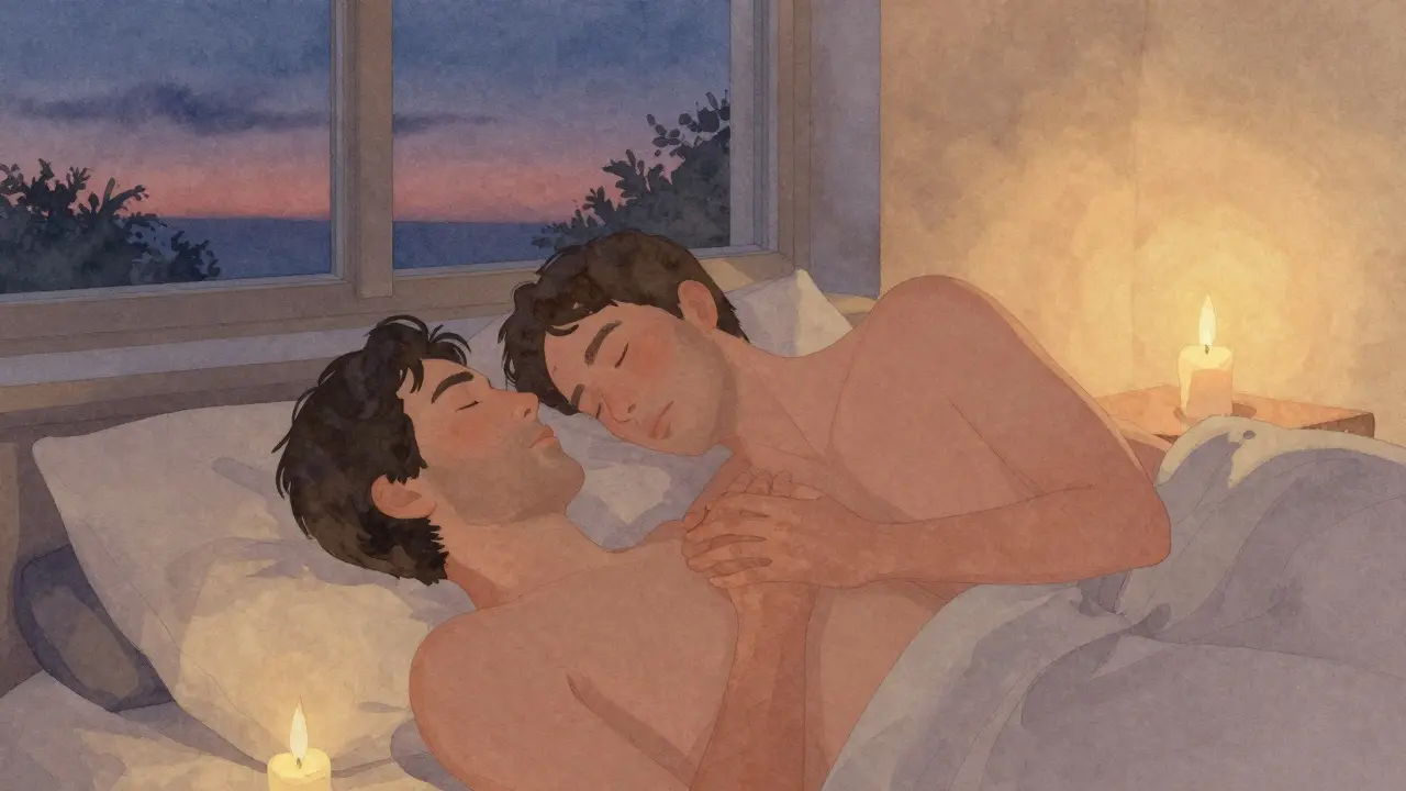 Muž leží v klidu, ruka partnerky na jeho hrudi, oba zapouzdřeni v plátně, klidná atmosféra večerního světla.