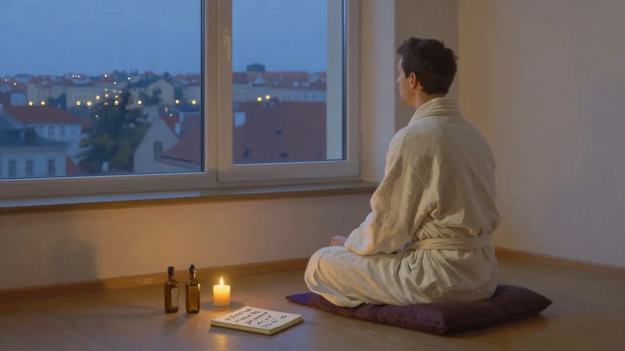 Muž po sezení, obalený v plátně, dívá se do východu, vedle něj láhev oleje a deník s emocionálními poznámkami.