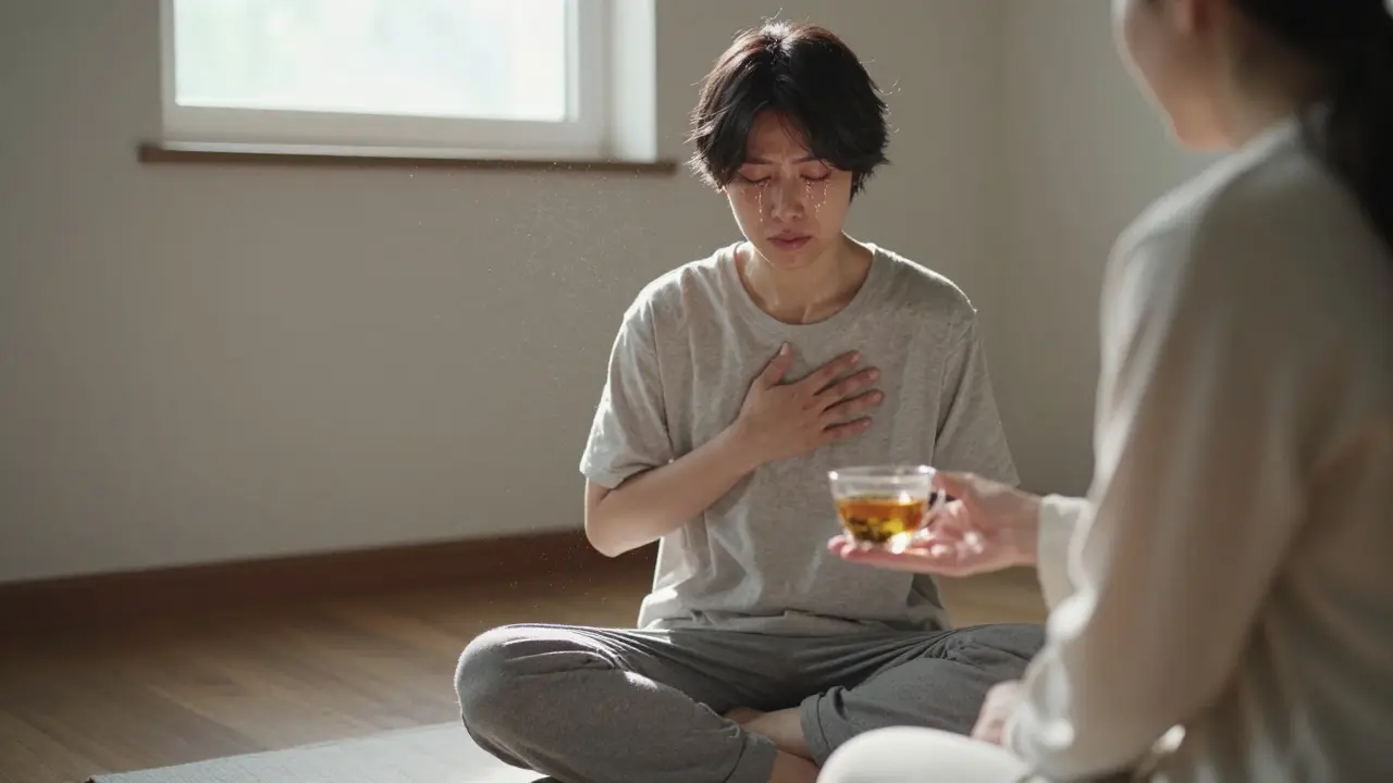 Osoba sedí s očima zavřenýma, slzy na tváři, terapeut sedí vedle ní v tichosti, žádná slova.