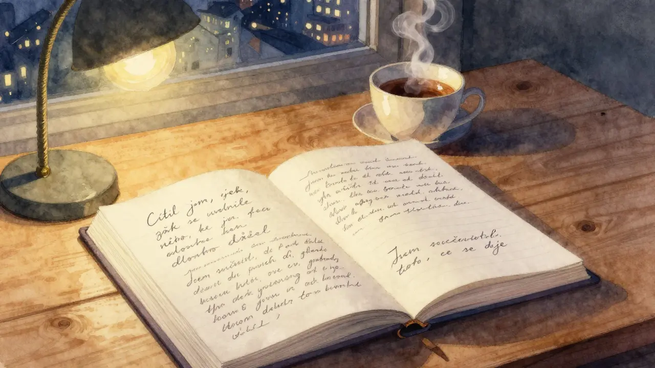 Otevřený deník s ručně psanými notami na dřevěném stole při slabém světle lampy.