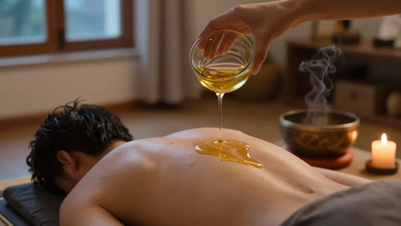 Ruka nalévá teplý olej na tělo pod jemným světlem svíček, v pozadí tibetský pohár.