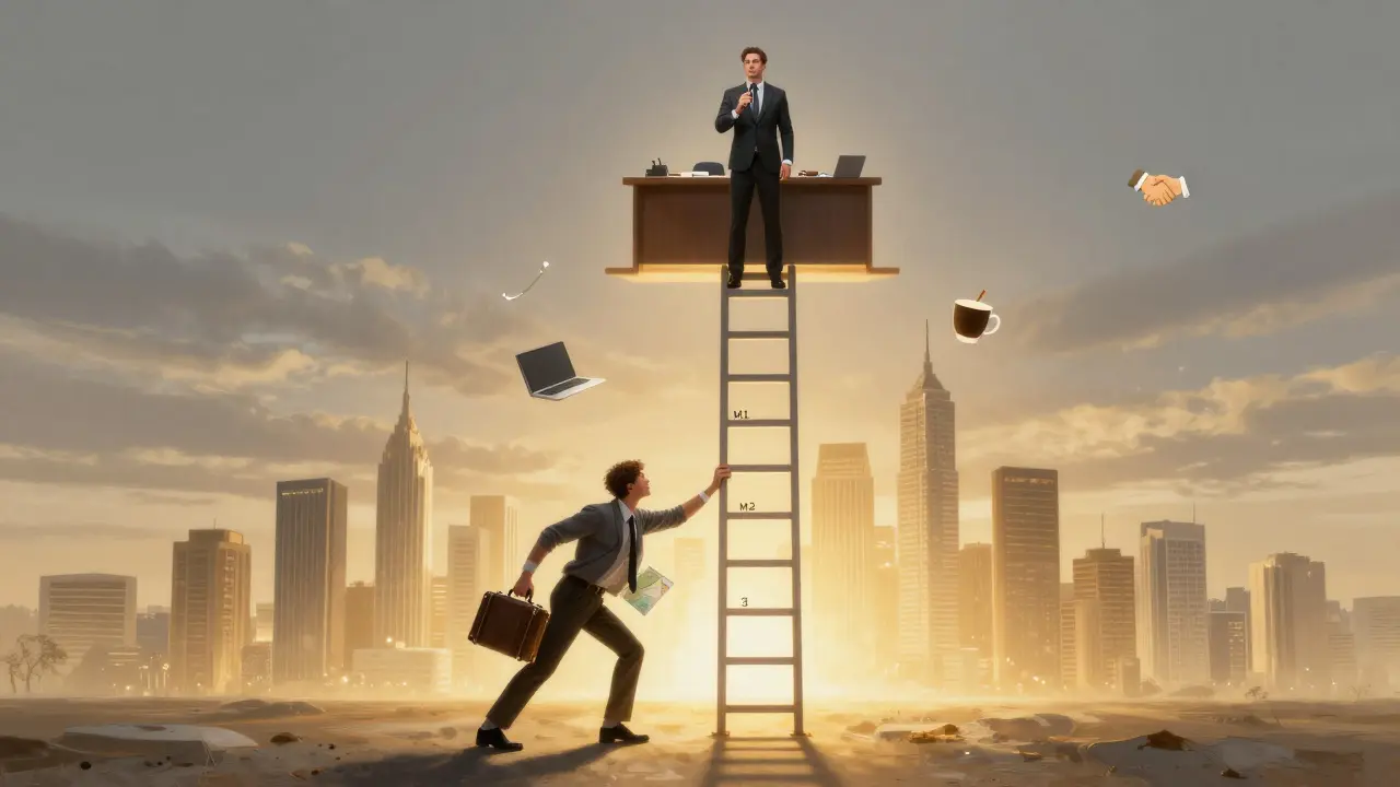 Žebřík s úrovněmi M1 až M4 vede k profesnímu úspěchu v městě.