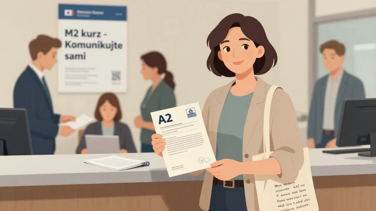 Žena v úřadě drží potvrzení o úrovni A2 z kurzu M2.