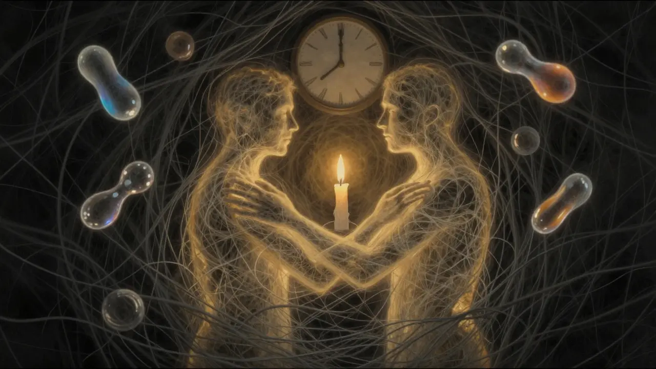 Abstraktní obrázek dvou siluett spojených zlatým světlem, symbolizující obnovu spojení dotekem.