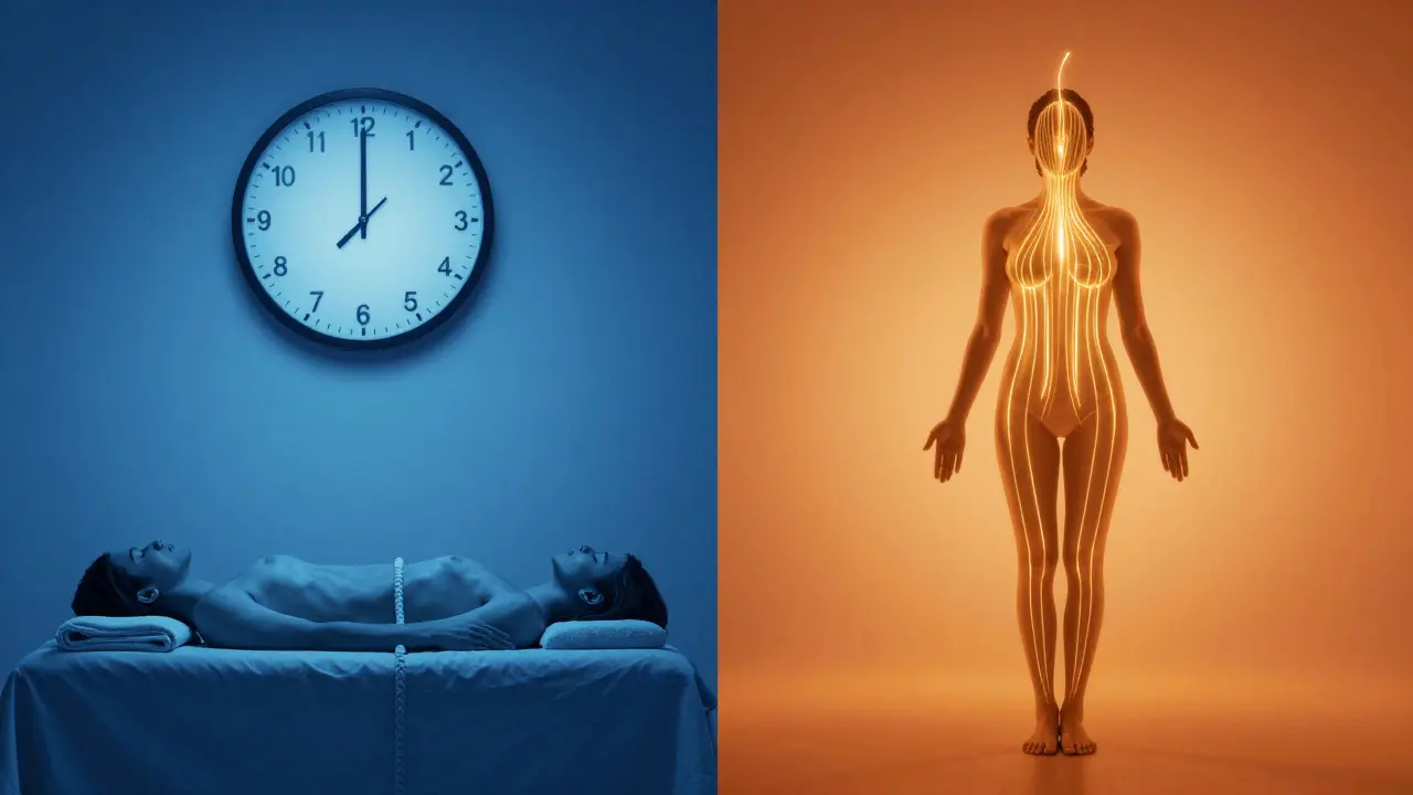 Konceptuální obraz srovnávající uvolnění svalů a přenos energie ve dvou různých typech masáže.