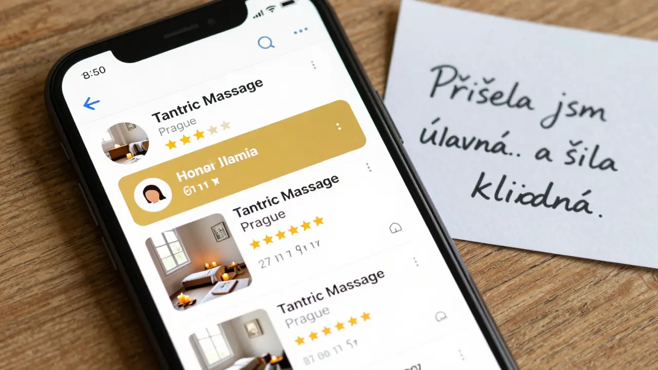 Obraz obrazovky mobilu s Google Maps a třemi lokalizovanými nabídkami tantrické masáže v Praze.
