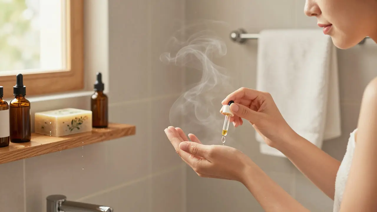 Osoba si jemně nanáší přírodní olej na kůži ve vaně s teplou vodou a přírodními věcmi.