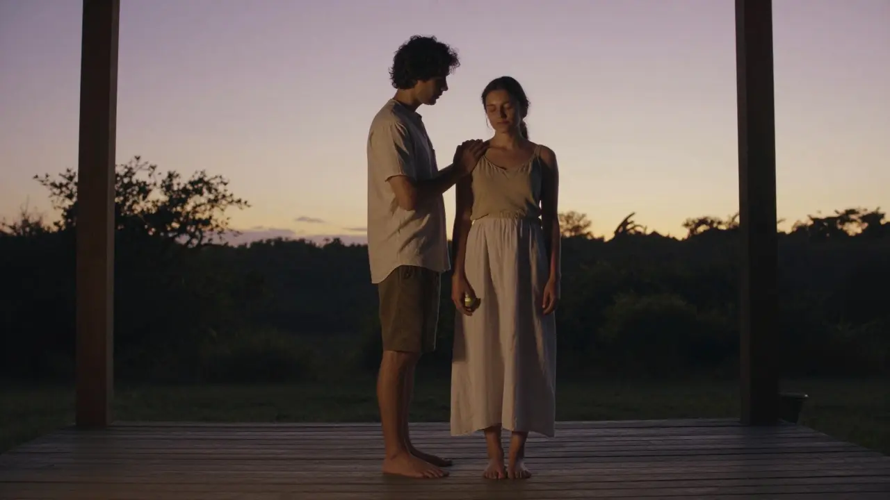 Pár stojí na verandě v západu slunce, jeden klade ruku na rameno druhého v tichém gestu důvěry.