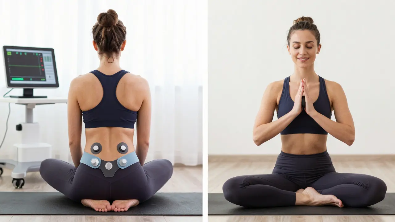 Porovnání: žena cvičí Kegelovy cvičení s biofeedbackem vlevo, vpravo stejná žena v klidné pozici s kamenem.