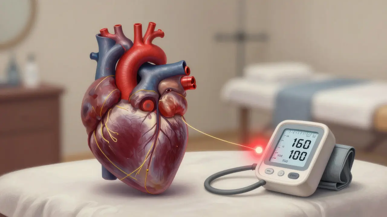 Srdce s krevním tlakem 160/100 a praskající zlatou nití, označující riziko masáže při vysokém tlaku.