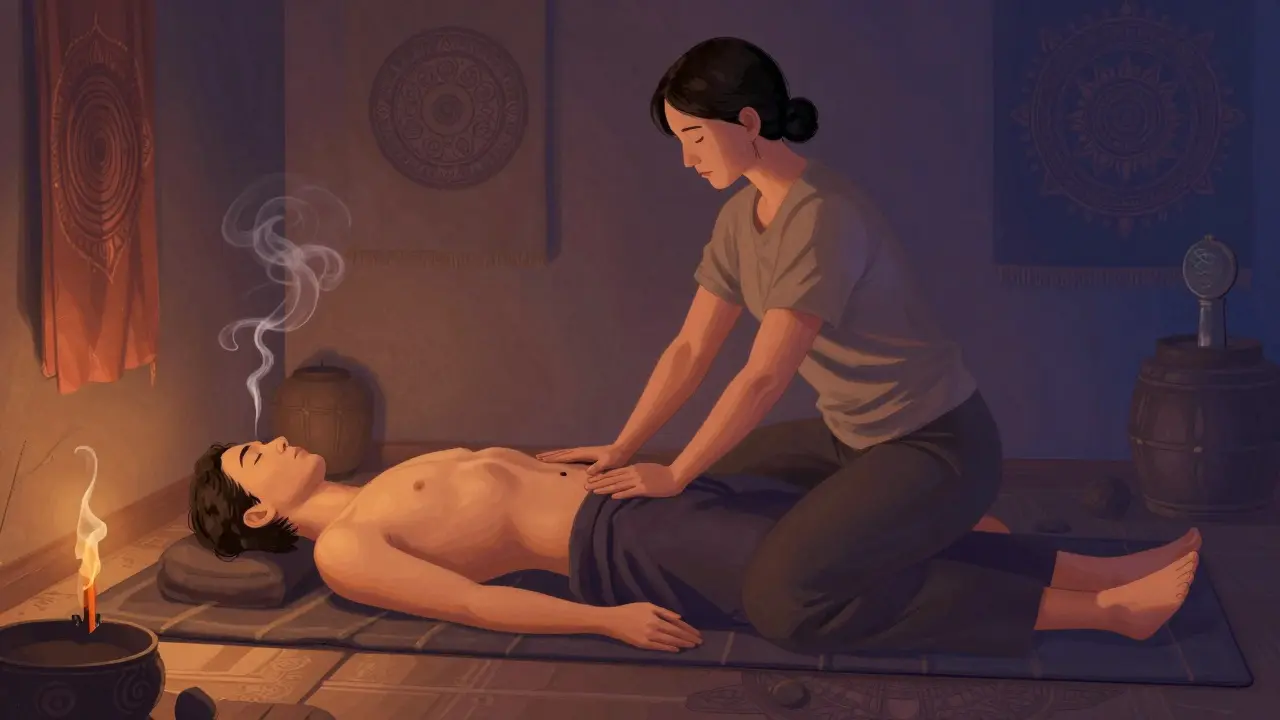 Tantrická masáž s maséřem provádějícím vědomý dotek od hlavy k nohám v klidném, meditativním prostředí.