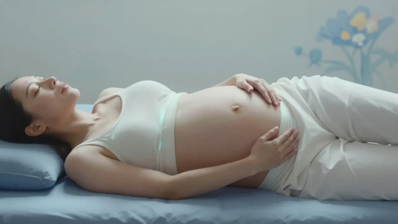 Těhotná žena s jemnými světelnými bariérami kolem břicha a genitálií, symbolizující bezpečné hranice.