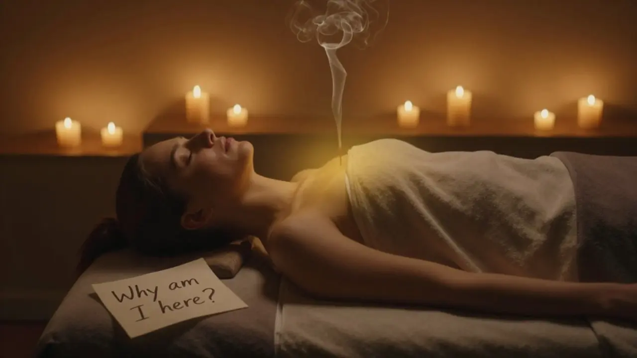 Uklidněná místnost s svíčkami a listem papíru s otázkou, osoba na masážním stole v klidu.