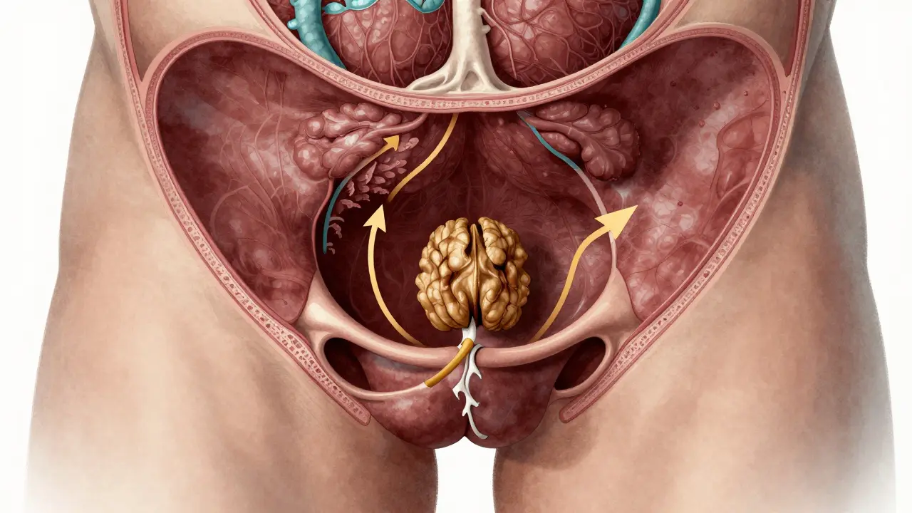Anatomická ilustrace prostaty jako hruškovité žlázy kolem močové trubice s příznaky zlepšeného krevního oběhu.