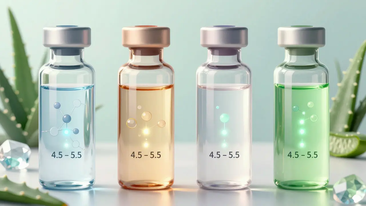 Čtyři průhledné lahve s různými typy lubrikačních gelů a jejich složkami.