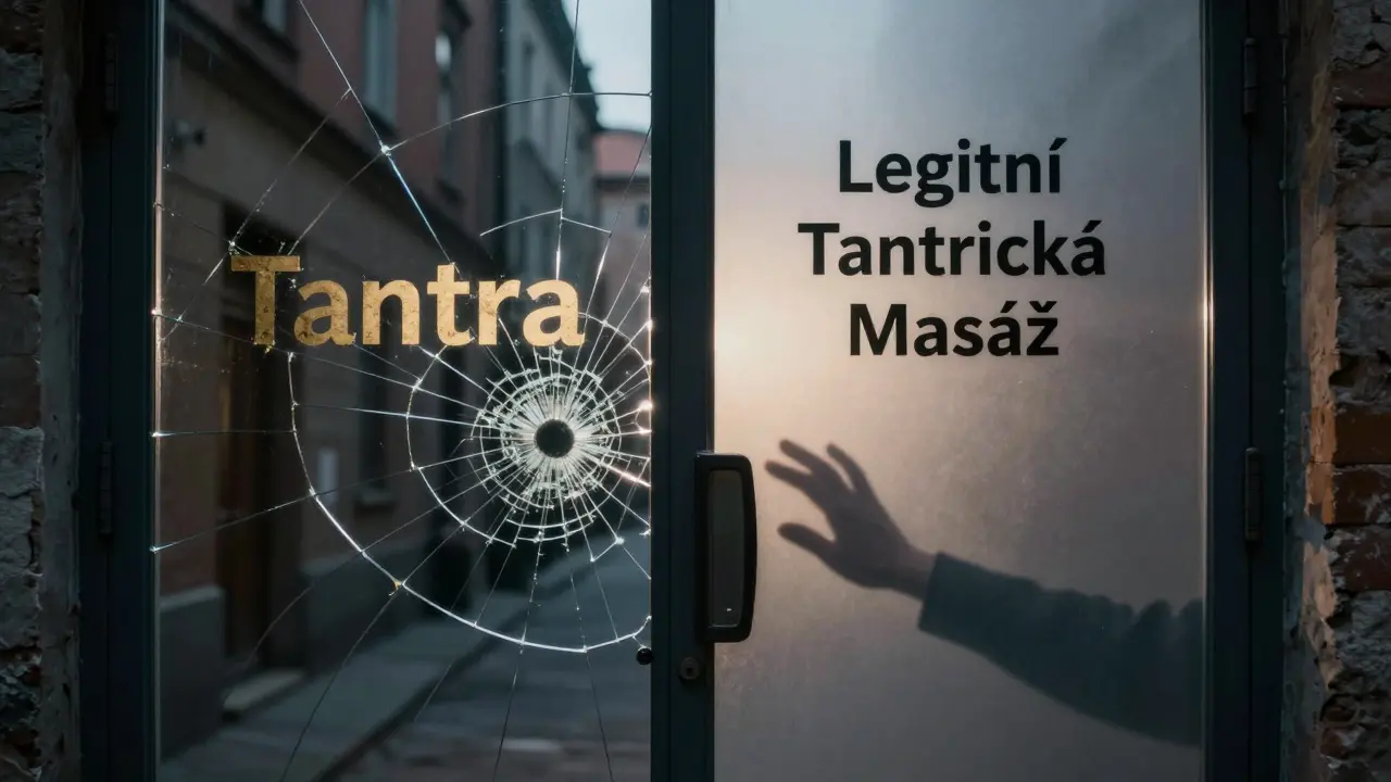 Dvě dveře: jedny s nápisem 'Tantra', druhé s 'Legitní tantrická masáž' – ruka se táhne k čistému vstupu.