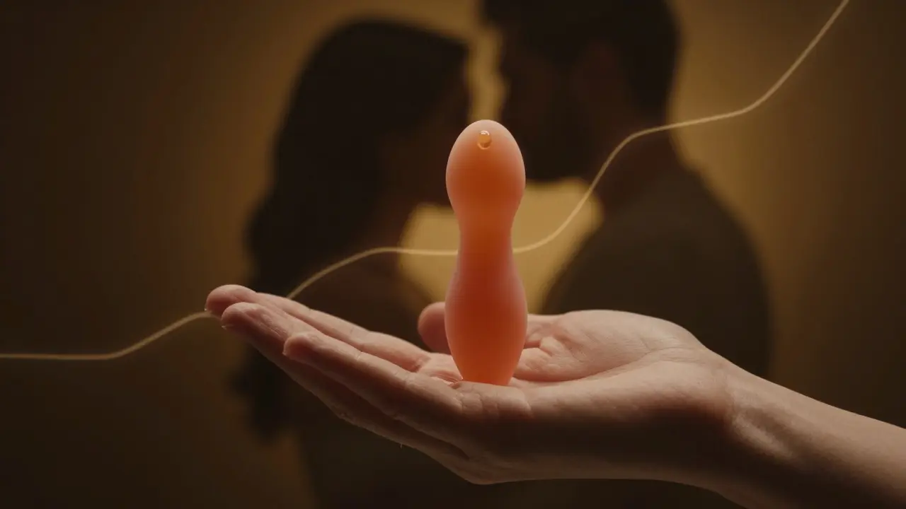 Kapka lubrikačního gelu klesá po silikonové hračce v tichém, intimním prostředí.