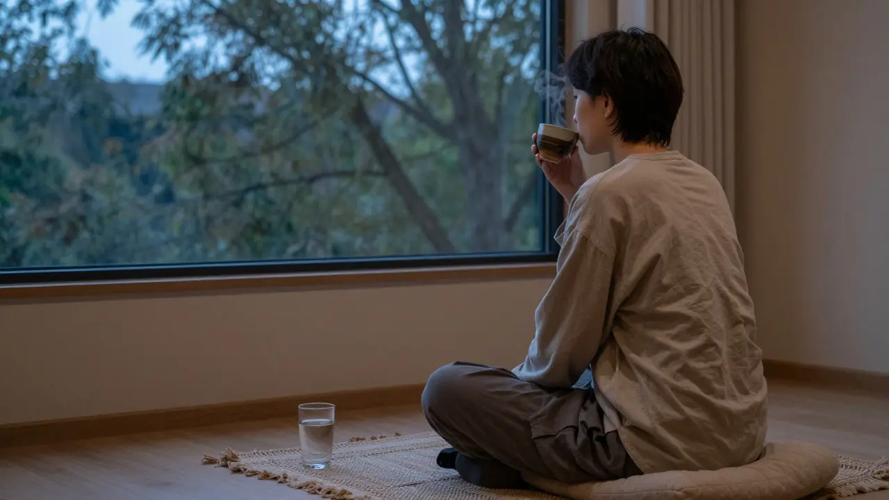 Klient sedí samotný a pije bylinný čaj ve třešňovém světle, obklopen klidným prostředím.