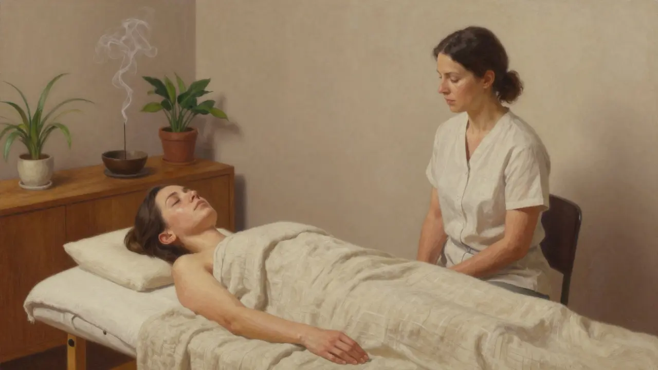 Terapeuta klidně sedí u lůžka, klient spí pod lněnou prostěradlem, atmosféra klidu a bezpečí.