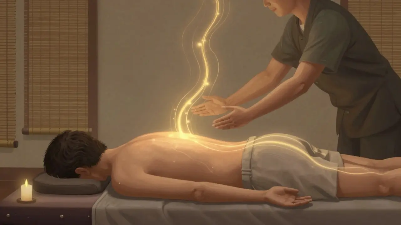 Terapeutka drží ruce nad tělem klienta, kde proudí zlatá energetická čára bez fyzického kontaktu.