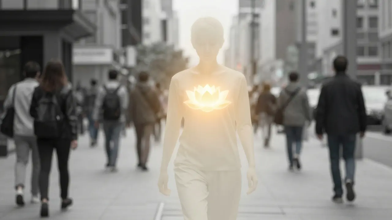 Člověk v městském prostředí obklopen aurou klidu a vnitřního přijetí.