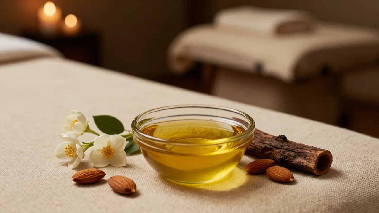 Detail mandlového oleje, jasmínu a santalového dřeva v atmosféře wellness studia.