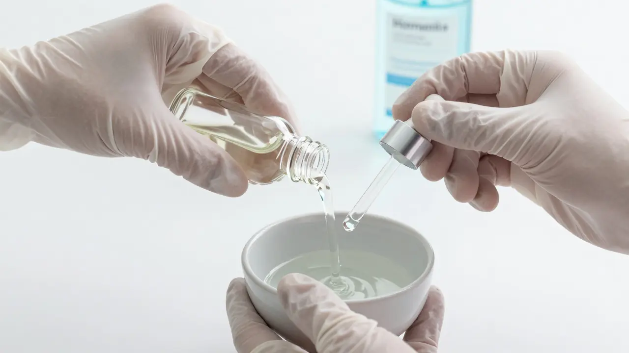 Detail sterilních rukavic a hypoalergenního oleje v profesionálním prostředí.